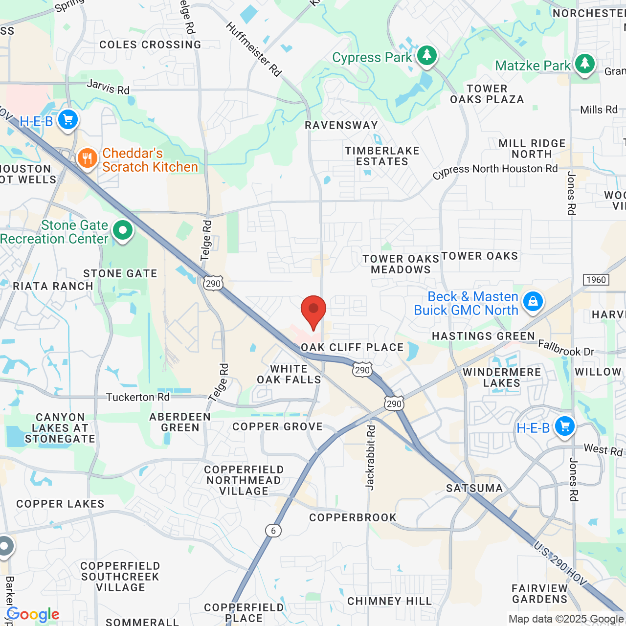 Google map image of our location in 10425 Huffmeister Rd Houston, TX